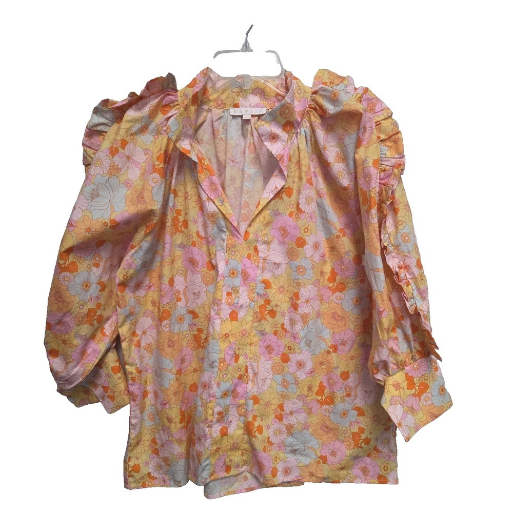 Karlie Womens Top  Sz Large Floral Poplin Ruffle Sleeve‎ Vibrant Retro Vibes